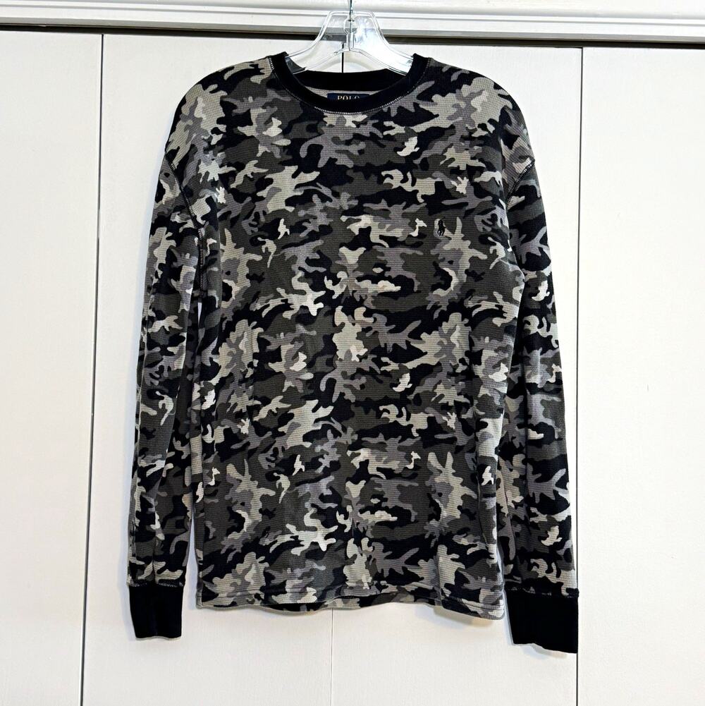 Polo Ralph Lauren Men's Waffle-Knit Crewneck Pullover Gray Black Camo Thermal M